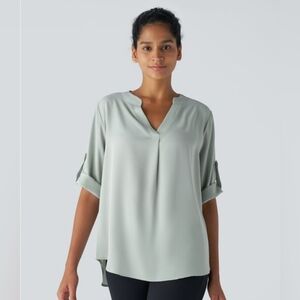 V Neck Button Three Quarter Sleeve Curved Hem Work Shirt